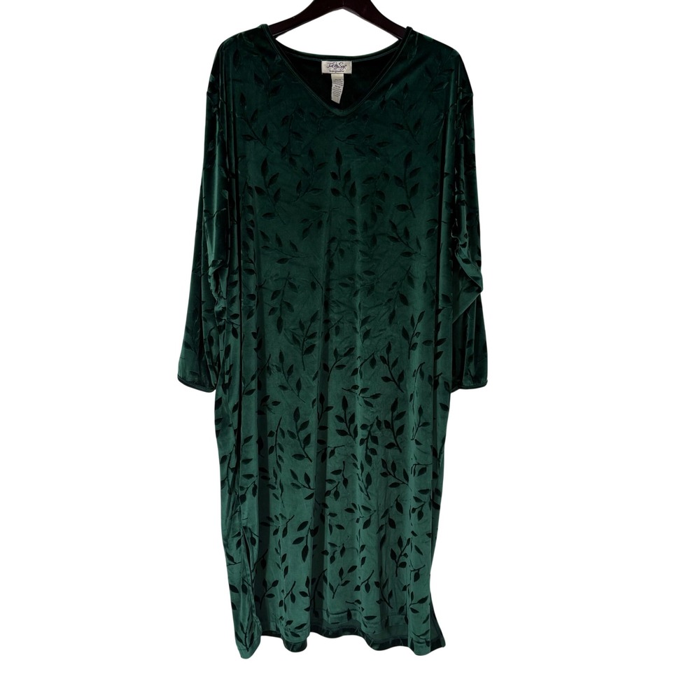 Vintage Womens 4X Green Velvet Burnout Leaf V-Neck Loungewear Dress Long Sleeve
